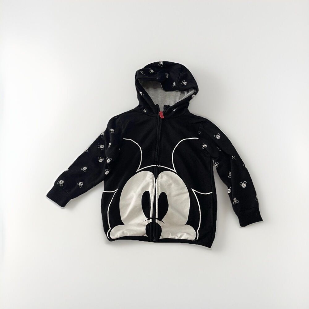 Disney Mickey Mouse Full Zip Hoodie Sweatshirt Kids Size 5/6 Black White Graphic